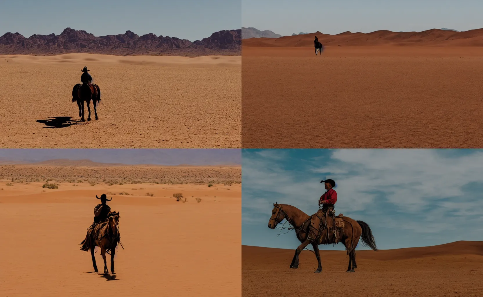 Prompt: A lonely cowboy riding his horse in the desert