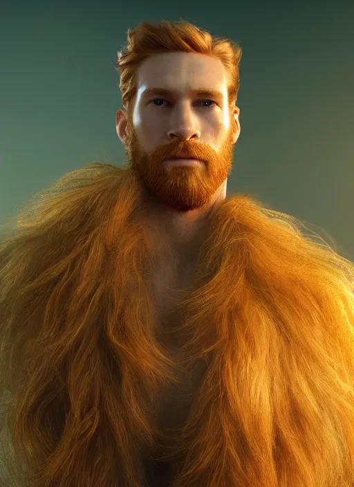 Prompt: beauteous handsome rugged sumptuous man wrapped in dna molecule, incredible ginger hair, projected ray traced oled retinal overlays, crystalline masterpiece incrustations, hyperdetailed face, elegant pose, movie still, intricate, octane render, cinematic forest lighting, cgsociety, unreal engine, crepuscular rays, god rays