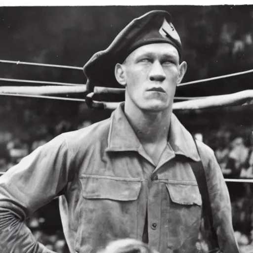 Image similar to Close up of a cat wearing John cena clothes in the Raw arena, ww2 historical photography, black & white