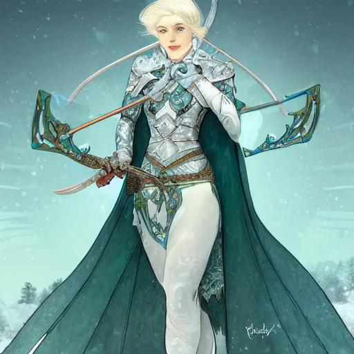 Image similar to half length portrait of a handsome snow elf in a turquoise cape and silver armour, armed with bow and arrow, albino skin, winter vibes, elegant, very coherent symmetrical artwork, rule of thirds, by ralph hosley and alphonse mucha and charlie bowater, sharp focus, trending on artstation