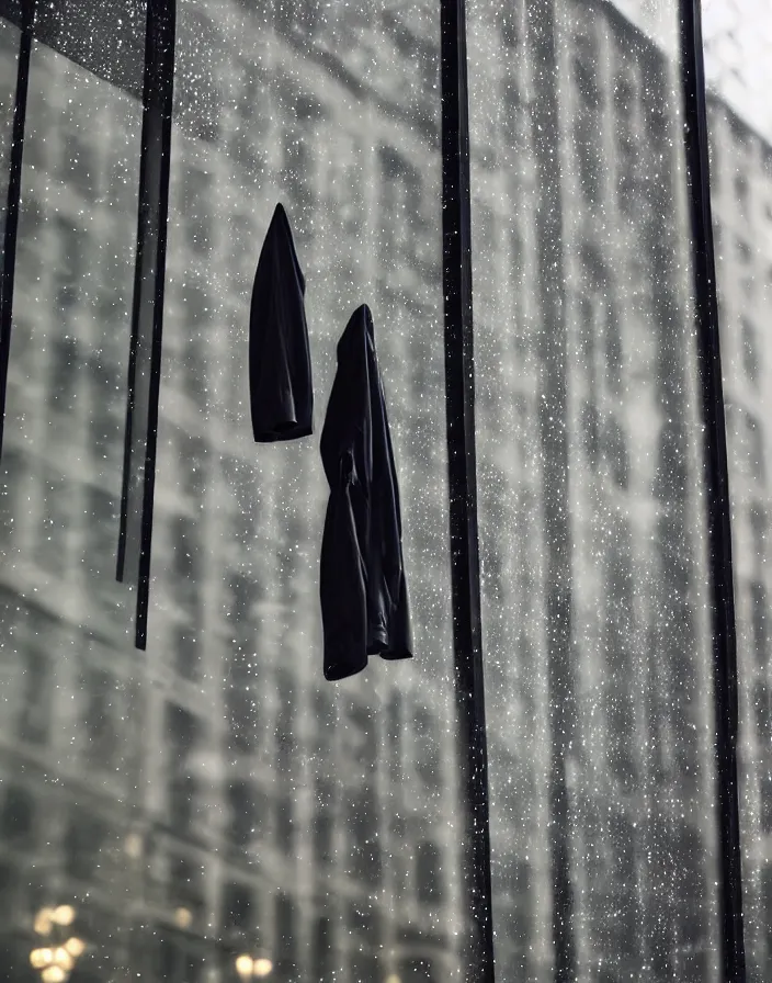 Prompt: close - up portrait of an empty slick fashionable zara raincoat floating suspended mid - air on a glittering rainy display designed by james terrell, wes anderson, symmetry, rule of thirds