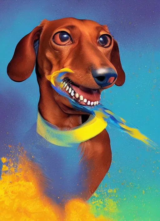 Image similar to a painting of a dachshund facewith its tounge sticking out, with blue and yellow smoke coming out of, a digital painting by petros afshar, behance contest winner, digital art, behance hd, digital illustration, digital painting