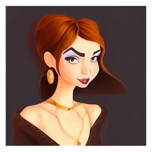 Image similar to portrait of a beautiful female witch in black and golden dress , digital painting , digital art , pixar style , Disney , instagram , trending on artstation