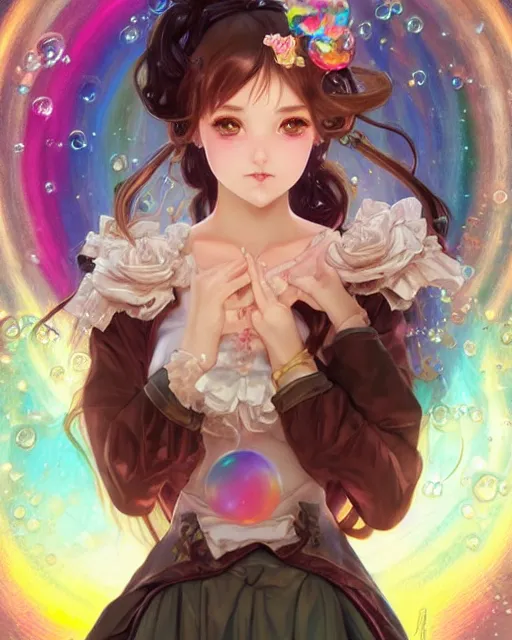 Image similar to portrait of magical lolita girl, dreamy and ethereal, expressive pose, big gold eyes, exciting expression, fantasy, intricate, elegant, many rainbow bubbles, rose tones, highly detailed, anime, artstation, concept art, cyberpunk wearing, smooth, sharp focus, illustration, art by artgerm and greg rutkowskiand alphonse mucha