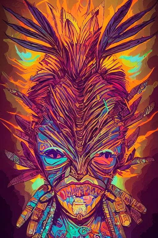 Image similar to totem animal tribal chaman vodoo mask feather gemstone plant wood rock video game illustration vivid color borderlands by josan gonzales and dan mumford radiating a glowing aura