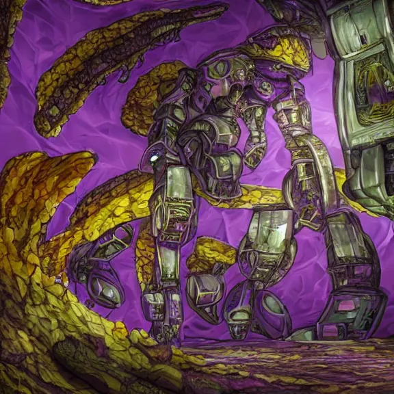 Image similar to detailed shot of inside a cavernous living stomach of a giant mecha dragon, the walls purple and pulsing, slimy and hot, lots of acid pooling up on the floor, digesting humans that ended up inside, swallowed by the dragon, food pov, micro pov, vore, digital art, furry art, high quality, 8k 3D realistic, macro art, micro art, Furaffinity, Deviantart, Eka's Portal, G6