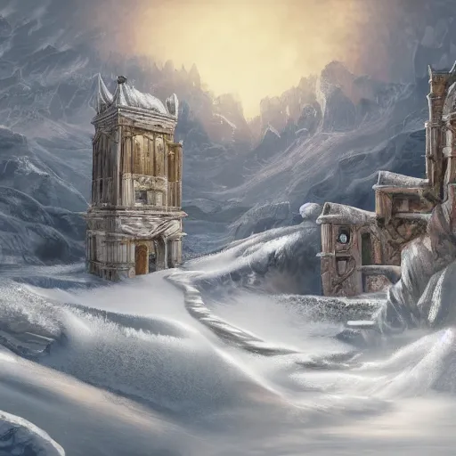 Image similar to fantasy concept art, marble city covered in snow, Greco style, mountains, labyrinth, high detail, 8k