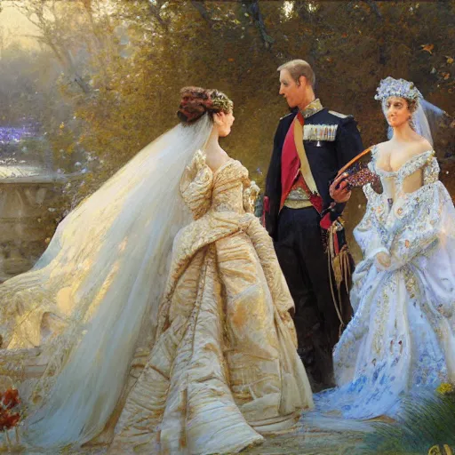 Image similar to detailed painting of prince william marrying attractive gigi hadid, highly detailed painting by gaston bussiere, craig mullins, j. c. leyendecker 8 k, watercolor, royal painting, painting, traditional art