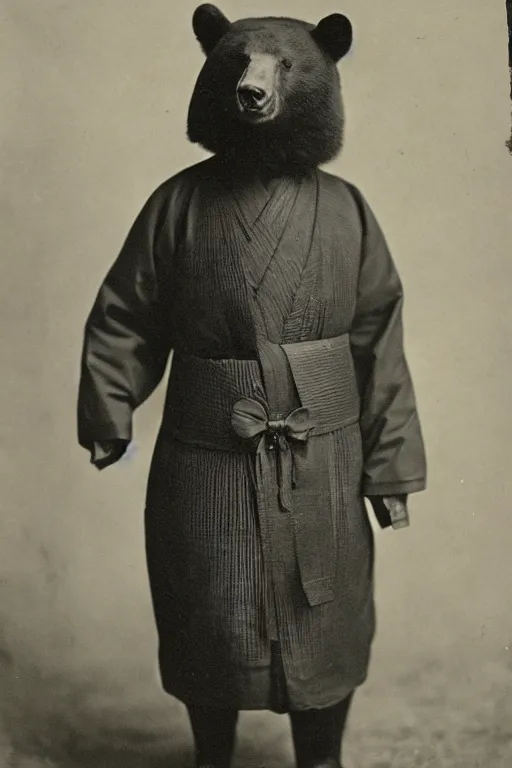 Image similar to anthropomorphic asian black bear in traditional Japanese mens clothing, 1900s photo