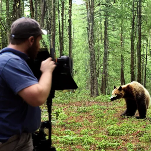 Image similar to a bear as a field news reporter in the forest, photograph