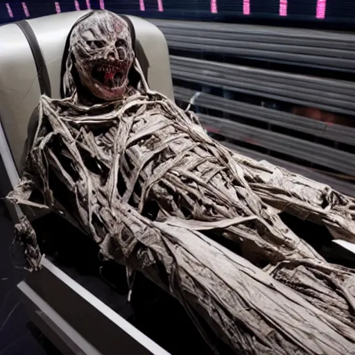 Prompt: mummified elon musk in his luxurious burial chamber, year 3 2 5 1, cyberpunk