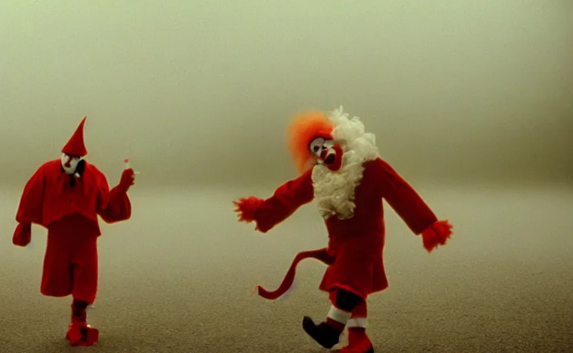Prompt: cinematic shot of a happy juggling clown, moody scene from being john malcovich directed by charlie kaufman ( 2 0 0 1 ), foggy volumetric light morning, anamorphic lenses, kodak color film stock