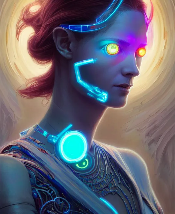 Prompt: a whirlwind of souls rushing inside the metaverse, half body, glowin eyes, tiara, pharaoh, android, cyborg, cyberpunk face, by loish, d & d, fantasy, intricate, elegant, highly detailed, colorful, vivid color, digital painting, artstation, concept art, art by artgerm and greg rutkowski and alphonse mucha