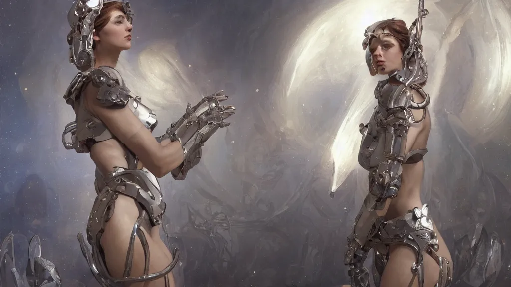 Image similar to modern elegant female cyborg greek goddess, space opera, feminine, powerful, beautiful, upper body, muscular, platinum crystal armour, highly detailed, digital painting, ghibli animated film, volumetric lighting, octane render artstation, concept art, smooth, sharp focus, illustration, by gaston bussiere, mucha, gerome, craig mullins, greg rutkowski, john singer sargent