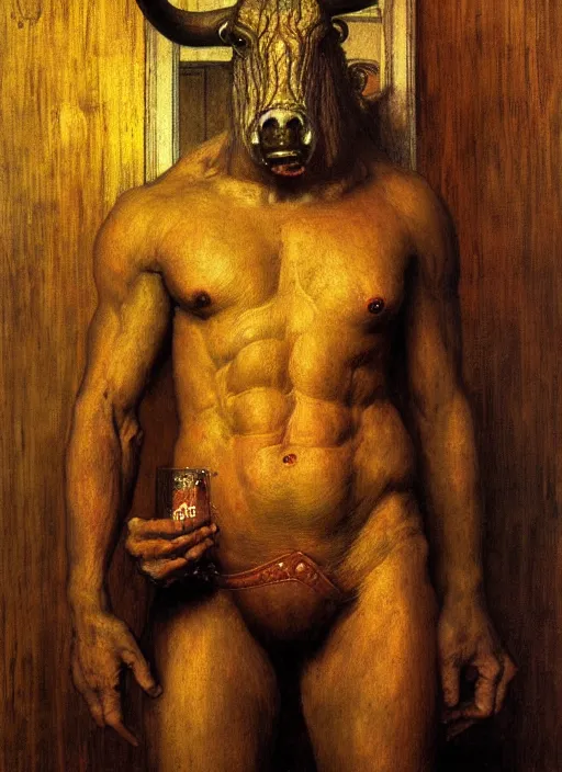 Prompt: upper body portrait of a minotaur in a pub, by lawrence alma-tadema and zdzislaw beksinski and norman rockwell and jack kirby, artstation creature art