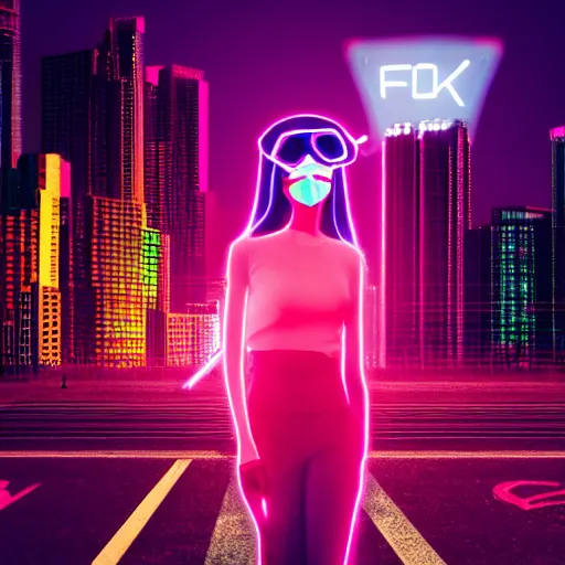 Prompt: girl with neon mask in a retrowave cityscape, 4 k, fhd, - w 9 6 0