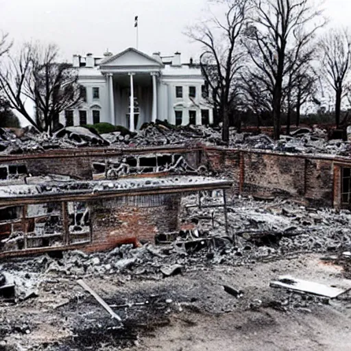 Prompt: Burned Ruins of White House in USA after bombing, photo