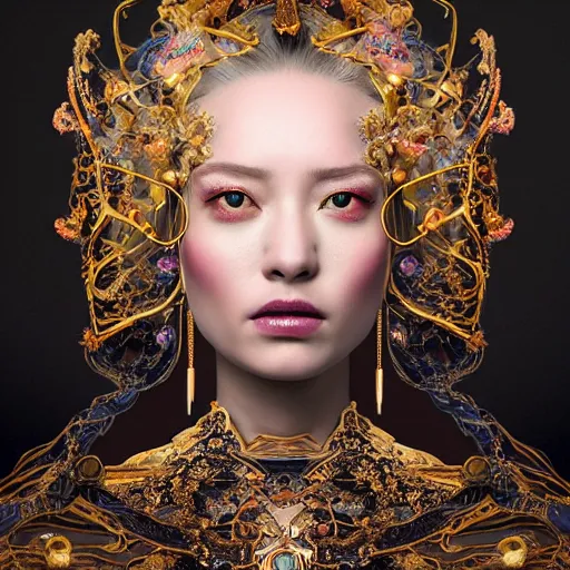 Image similar to a beautiful empress portrait, with a brilliant, impossible striking big cosmic galaxy headpiece, clothes entirely made out of cosmos chaos energy, symmetrical, dramatic studio lighting, rococo, baroque, jewels, asian, hyperrealism, closeup, D&D, fantasy, intricate, elegant, highly detailed, digital painting, artstation, octane render, 8k, concept art, matte, sharp focus, illustration, art by Artgerm and Greg Rutkowski and Alphonse Mucha