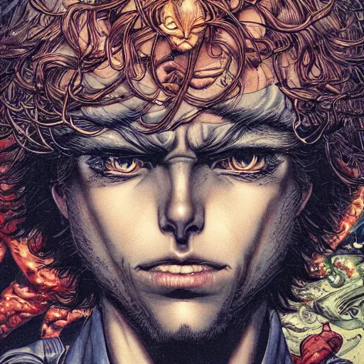 Image similar to portrait closeup of crazy peter pan, symmetrical, by yoichi hatakenaka, masamune shirow, josan gonzales and dan mumford, ayami kojima, takato yamamoto, barclay shaw, karol bak, yukito kishiro