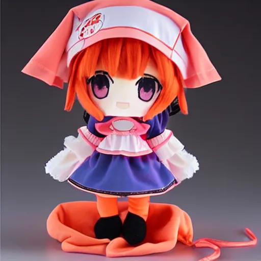 Image similar to cute fumo plush of a girl in a nurse costume, pink and orange, anime girl