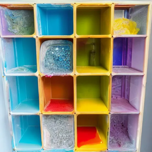 Image similar to cabinet of curiosities full of multicolored slime