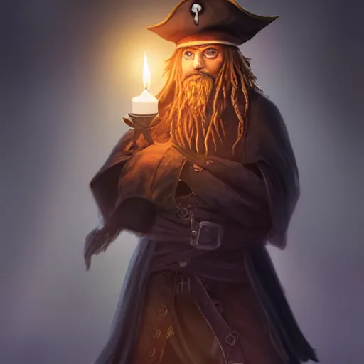 Image similar to a male pirate wearing a black sleeping cap with a puffball, holding a candle, wearing a flowing cape, portrait, d & d, science fiction, concept art, matte, sharp focus, illustration, concept art, jason chan, dan luvisi, karl thiart, uhd, 4 k, very detailed