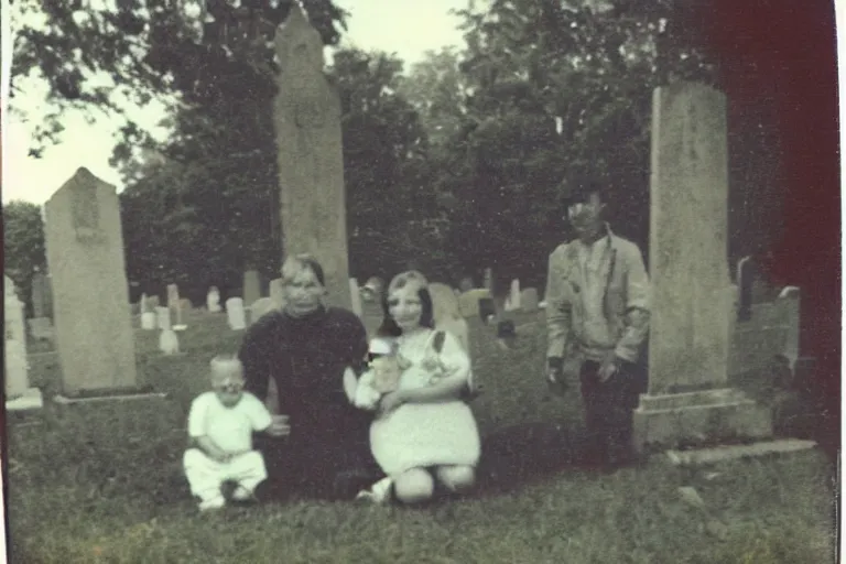 Image similar to old polaroid of weird lookin family photo in the cemetery, there is a demon in the background