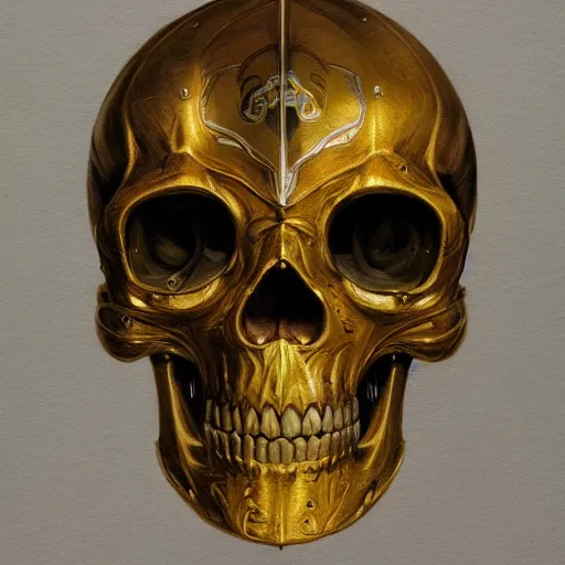 Image similar to three quarter view of gold skull helmet face mask by donato giancola and greg rutkowski, vintage retro scifi, realistic face, digital art, trending on artstation