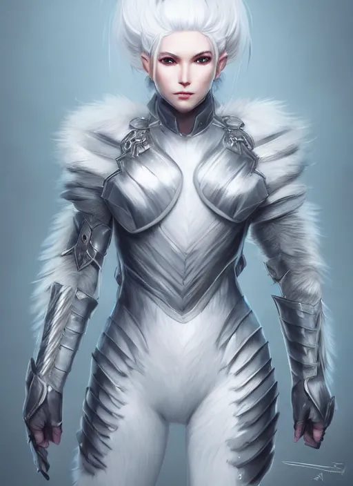 Image similar to fur - lined armor!!! beautiful and elegant white haired female!! gorgeous ayes!! character concept art, sharp focus, octane render! unreal engine 5! highly rendered!! trending on artstation!! detailed linework!! illustration by artgerm, wlop and anna dittmann