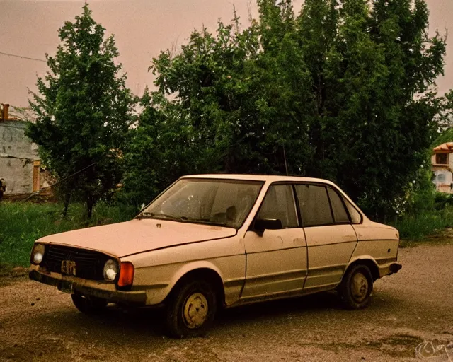 Image similar to a lomographic photo of old lada 2 1 0 7 standing in typical soviet yard in small town, hrushevka on background, cinestill, bokeh