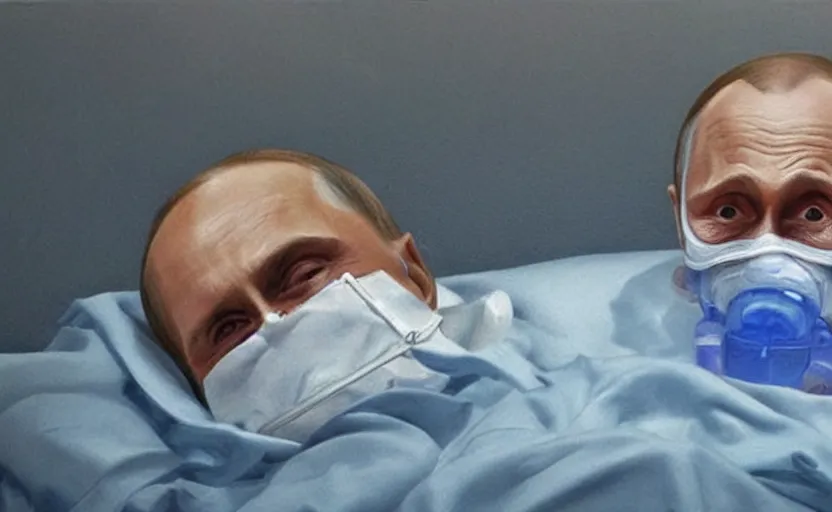 Image similar to hyperrealistic painting of very ill Vladimir Putin as a patient wearing an oxygen mask on a death bed inhaling from Copium tank that stand near his bed