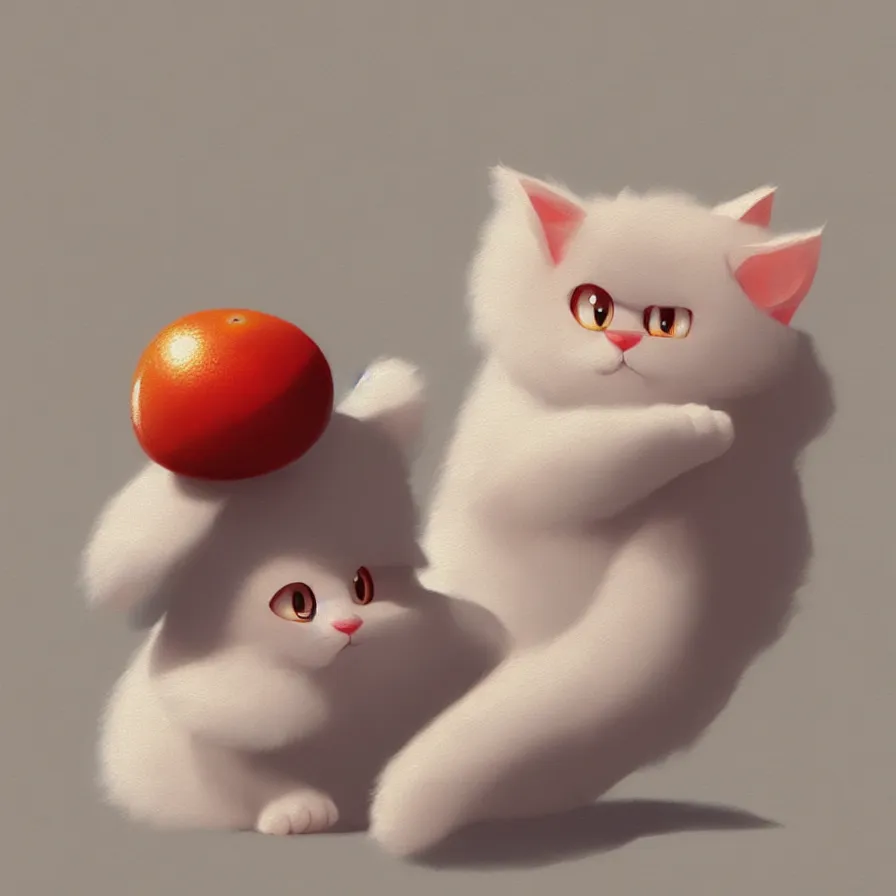 Image similar to Goro Fujita ilustration a very pretty baby cat, with fluffy white fur on top of fresh fruit, painting by Goro Fujita, sharp focus, highly detailed, ArtStation