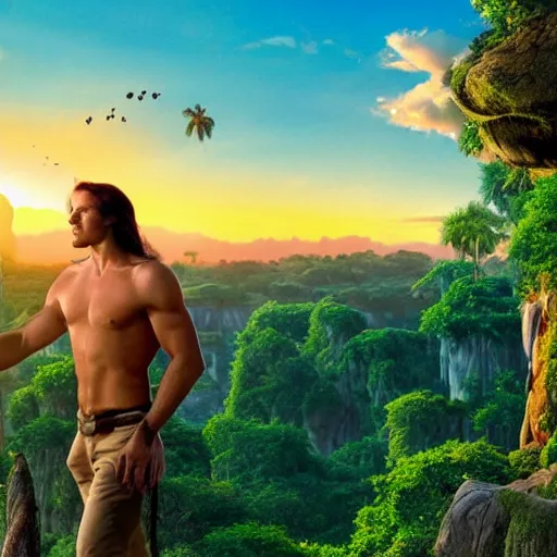 Image similar to Disney's Tarzan watching sunset with beautiful clouds