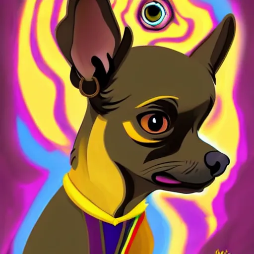 Prompt: a chihuahua with a third eye living in an extradimensional reality, in the style of goof troop, illustration, epic, fantasy, hyper detailed, smooth