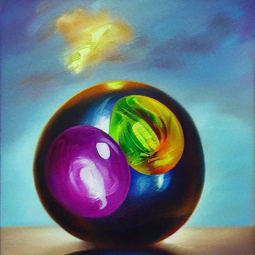 Prompt: soap bubble with fireball inside, oil painting