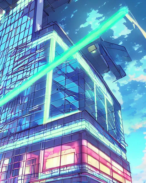 Image similar to emergency stairs going up a neon lit building, anime scenery by Makoto Shinkai