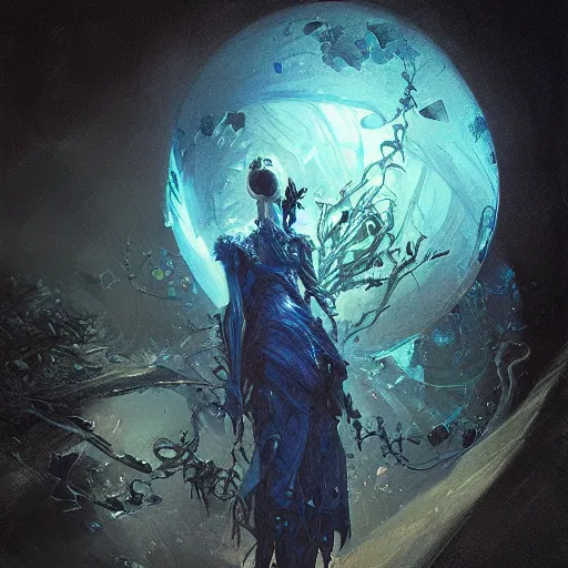 Prompt: blue plant, black background, fantasy, spherical, intricate, elegant, highly detailed, digital painting, artstation, concept art, smooth, sharp focus, illustration, art by greg rutkowski, art by seb mckinnon, art by justin gerard