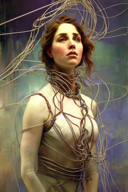 Prompt: hyperrealist portrait of a year 2 0 4 4 space sport engineer, it is decorated with long wires that fall like vines and wears small computers over their body. by jeremy mann and alphonse mucha, fantasy art, photo realistic, dynamic lighting, artstation, poster, volumetric lighting, very detailed faces, 4 k, award winning