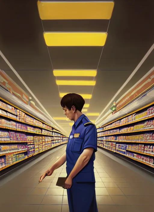 Image similar to portrait of a depressed supermarket worker in a countdown nz uniform, intricate, elegant, glowing lights, highly detailed, digital painting, artstation, concept art, smooth, sharp focus, illustration, art by wlop, mars ravelo and greg rutkowski