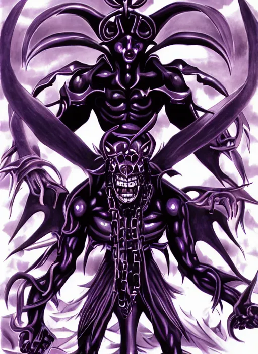 Image similar to shin megami tensei art of a demon called gigachad, art by kazuma kaneko, demonic! compedium!, law aligned, digital drawing, white background, very high quality, very highly detailed