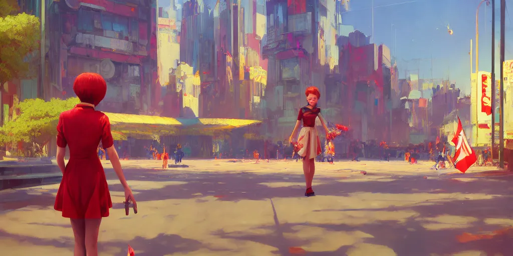 Prompt: gorgeous bright girl holding a red flag wading through fractal city and crowd by Craig Mullins, ilya kuvshinov, krenz cushart, artgerm trending on artstation by Edward Hopper and Dan Mumford and WLOP and Rutkovsky, Unreal Engine 5, Lumen, Nanite