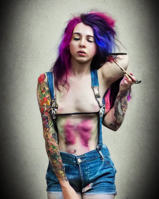 Prompt: attractive grungy woman with rainbow hair, drunk, angry, soft eyes and narrow chin, dainty figure, long hair straight down, torn overalls, basic white background, side boob, tattooed, piercing, smokes bong, blows smoke, wet shirt, wet, raining, highly detailed face, realistic face, beautiful detailed eyes, fantasy art, in the style of greg rutkowski, illustration, epic, fantasy, intricate, hyper detailed, artstation, concept art, smooth, sharp focus, ray tracing, vibrant,