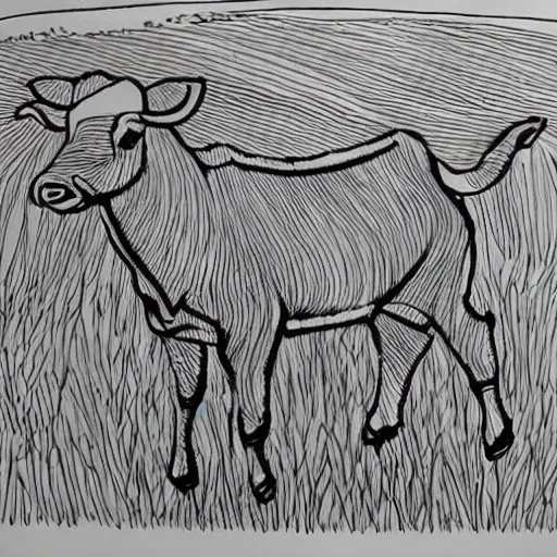 Prompt: a beautiful intricate line drawing of a cute calf running on a meadow