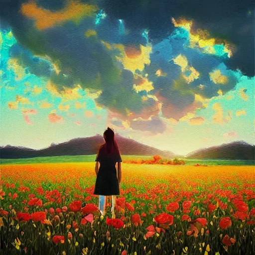 Prompt: large flower afro, full body, girl standing in the middle of a field with flowers, surreal photography, hills, sunrise dramatic light, impressionist painting, colorful clouds, digital painting, pointillism, artstation, simon stalenhag