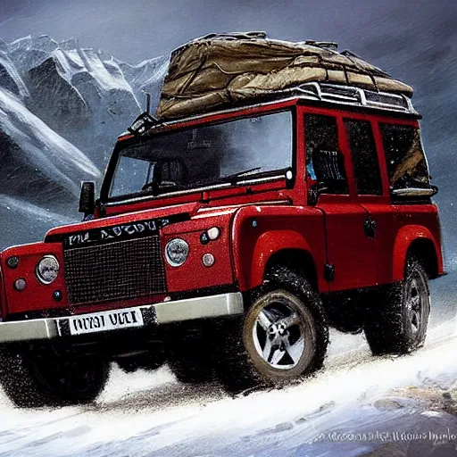 Image similar to a landrover crossing the alps while its snowing, digital art, artstation, photgraphy, highly detailed, digital painting, artstation, concept art, sharp focus, illustration, art by greg rutkowski and artgerm