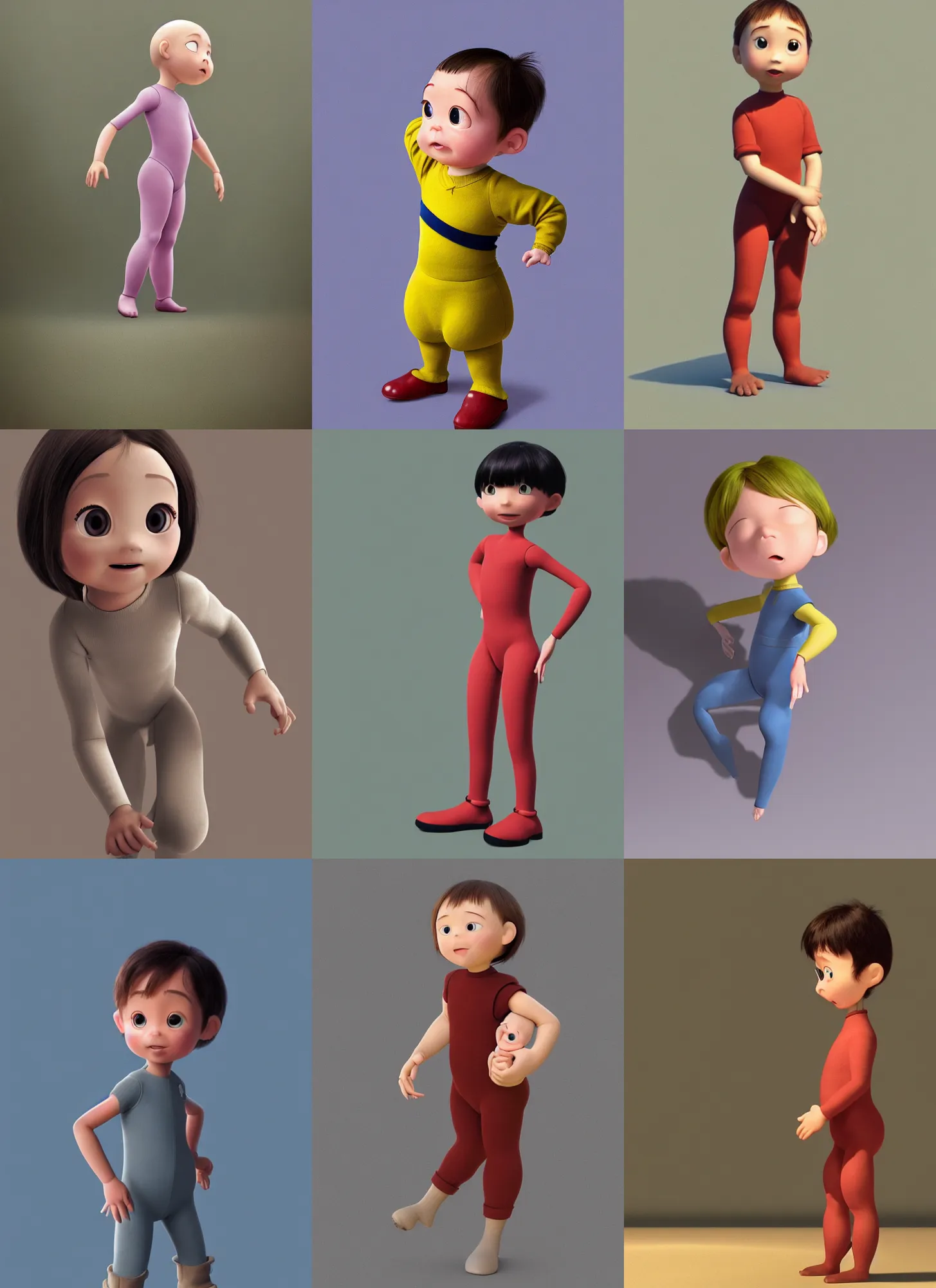 Prompt: a beatiful full body character concept render of a adorable tiny little human shaped mannequin wearing a tight jumpsuit, pixar, matthew mckeown, kazuo oga, ghibli, yoshiyuki tomino, n. c. wyeth, aardman animations, otl archer, vray, octane render, artstation, pinterest, cgcociety, masterpiece, cotw