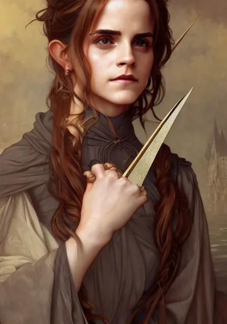 Prompt: emma watson hermione witch magic gothic, intricate, elegant, highly detailed, digital painting, artstation, concept art, smooth, sharp focus, illustration, art by artgerm and greg rutkowski and alphonse mucha and william - adolphe bouguereau