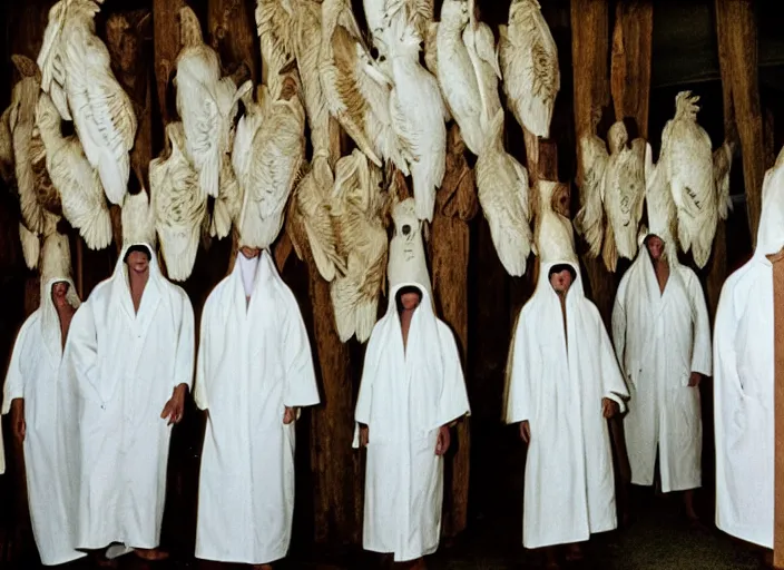 Image similar to realistic photo of the people wearing white robes in wooden birds masks made of wood 1 9 9 0, life magazine reportage photo