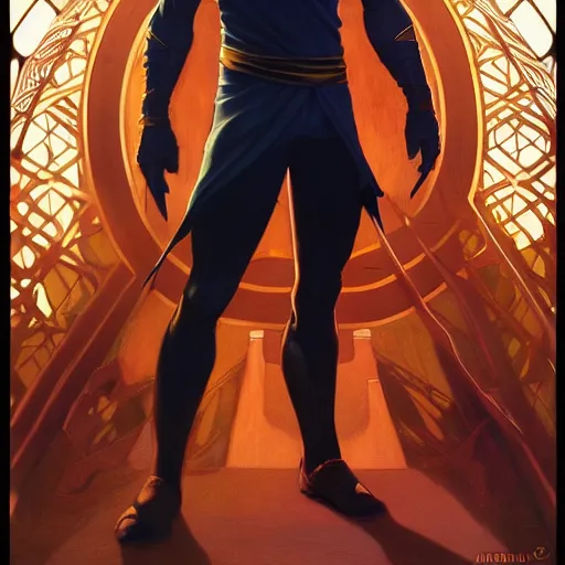 Image similar to character concept, wide angle, full body, symmetrical, young man with dark ninja clothes. detailed, high quality, dynamic lightning, fantasy, scenematic. artwork by artgerm, wlop, alex ross, greg rutknowski, alphonse mucha