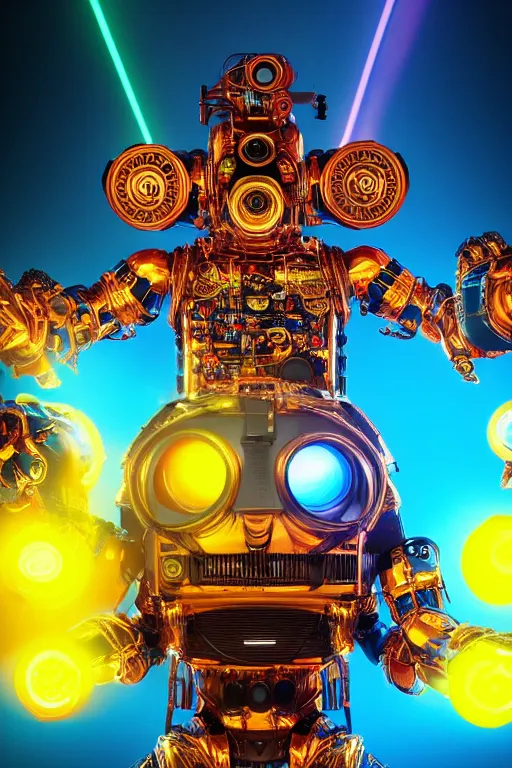 Image similar to portrait photo of a giant huge golden and blue metal humanoid steampunk robot dj with multicolored big gears and headphones, a red dj mixer, eyes are glowing red lightbulbs, shiny crisp finish, 3 d render, 8 k, insaneley detailed, fluorescent colors, background is multicolored lasershow